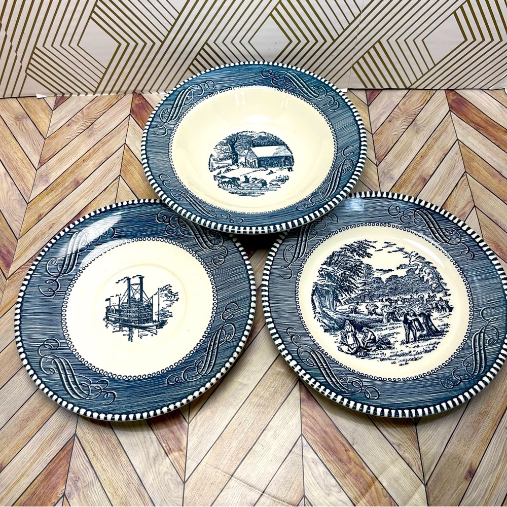 VTG Currier and Ives Small Bowl‎ and 2 Saucers G13
